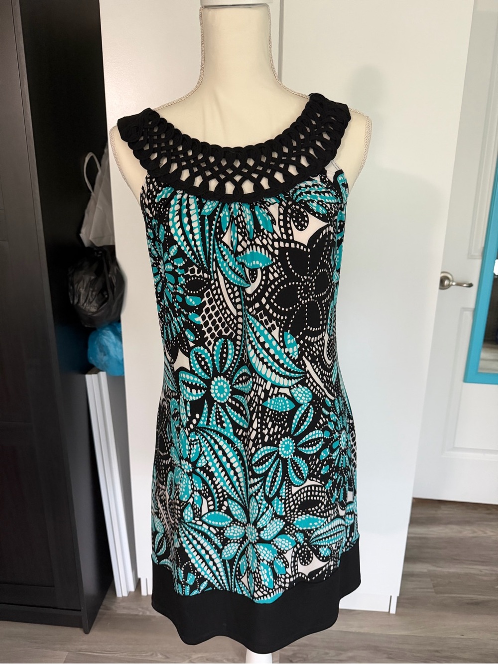 Wrapper Black Dress with Teal Floral Crochet Neck